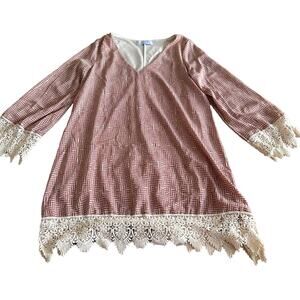 KHLOE Vintage Diagonal Striped Crochet Trim V Neck Blouse Red White Medium